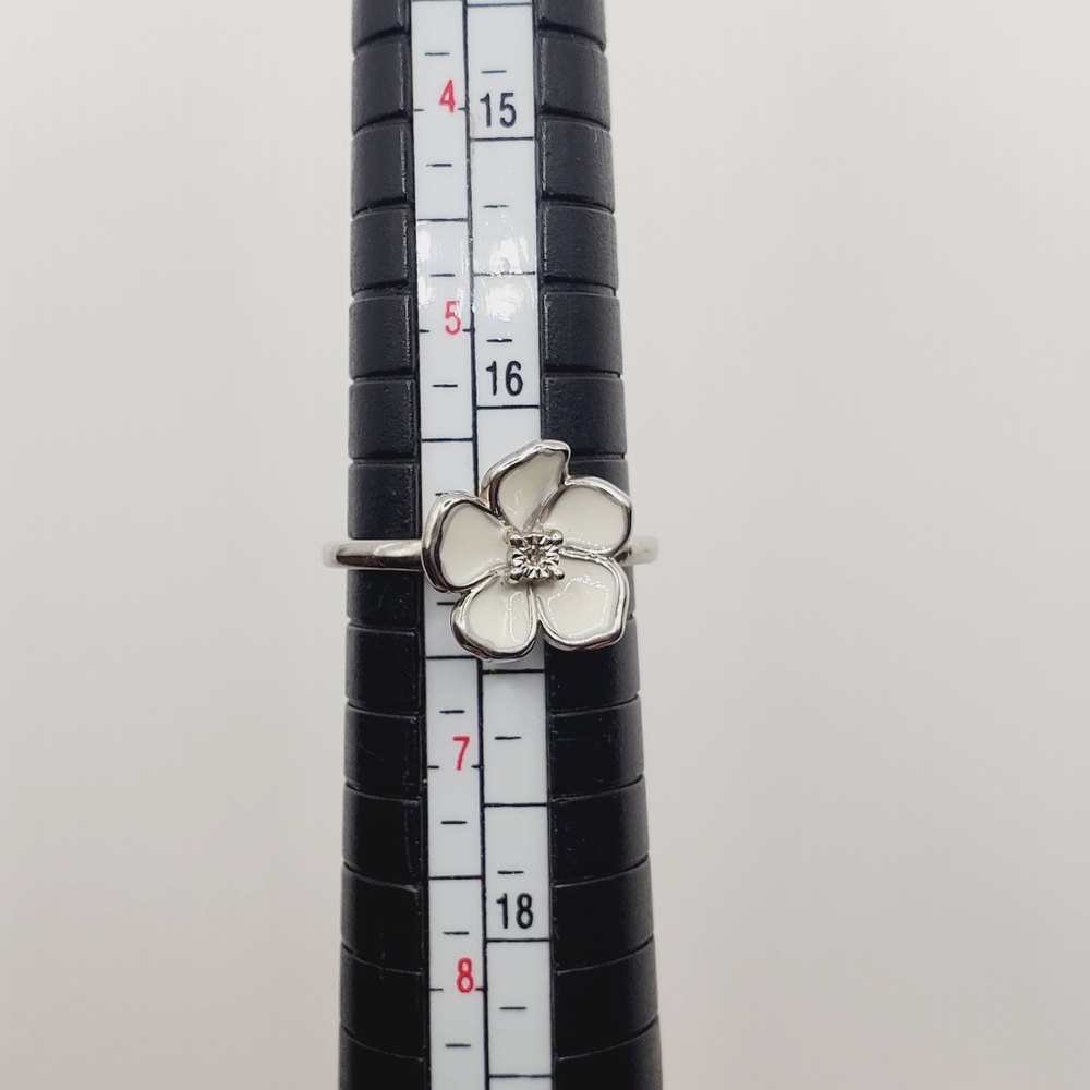 Flower Ring Genuine Diamond Ring White Enamel Ring 925 Sterling Silver Ring - Picture 7 of 8